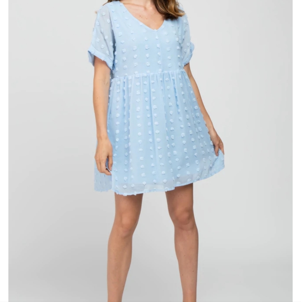 Pinkblush Light Blue V Neck Textured Swiss Dot Maternity Mini Dress Size Medium - Picture 3 of 10